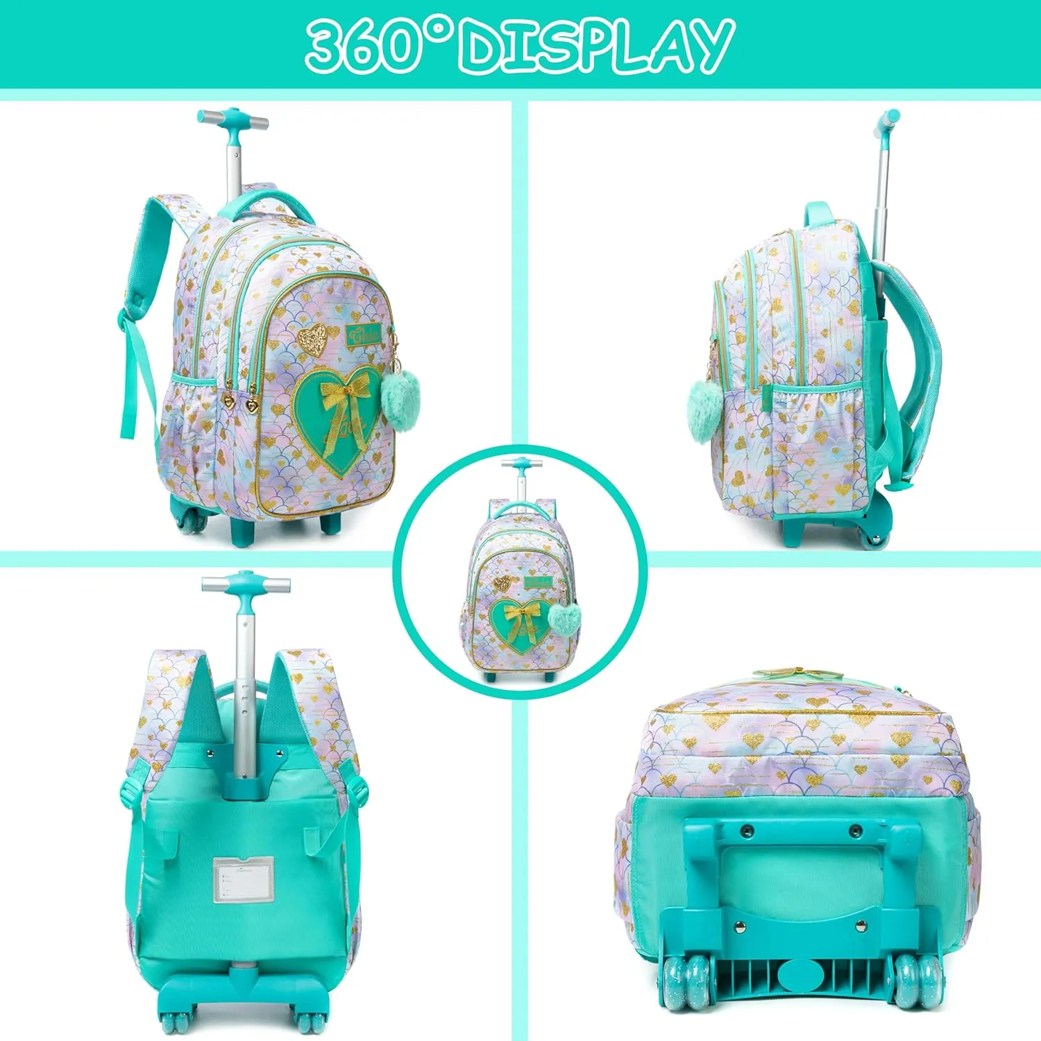 Rolling Backpack for Girls Backpack with Wheels Cute Wheeled School Backpack for Girls with Lunch Box Set Kids Suitcase for Girls Elementary Primary School 8-12 Back to School Supplies