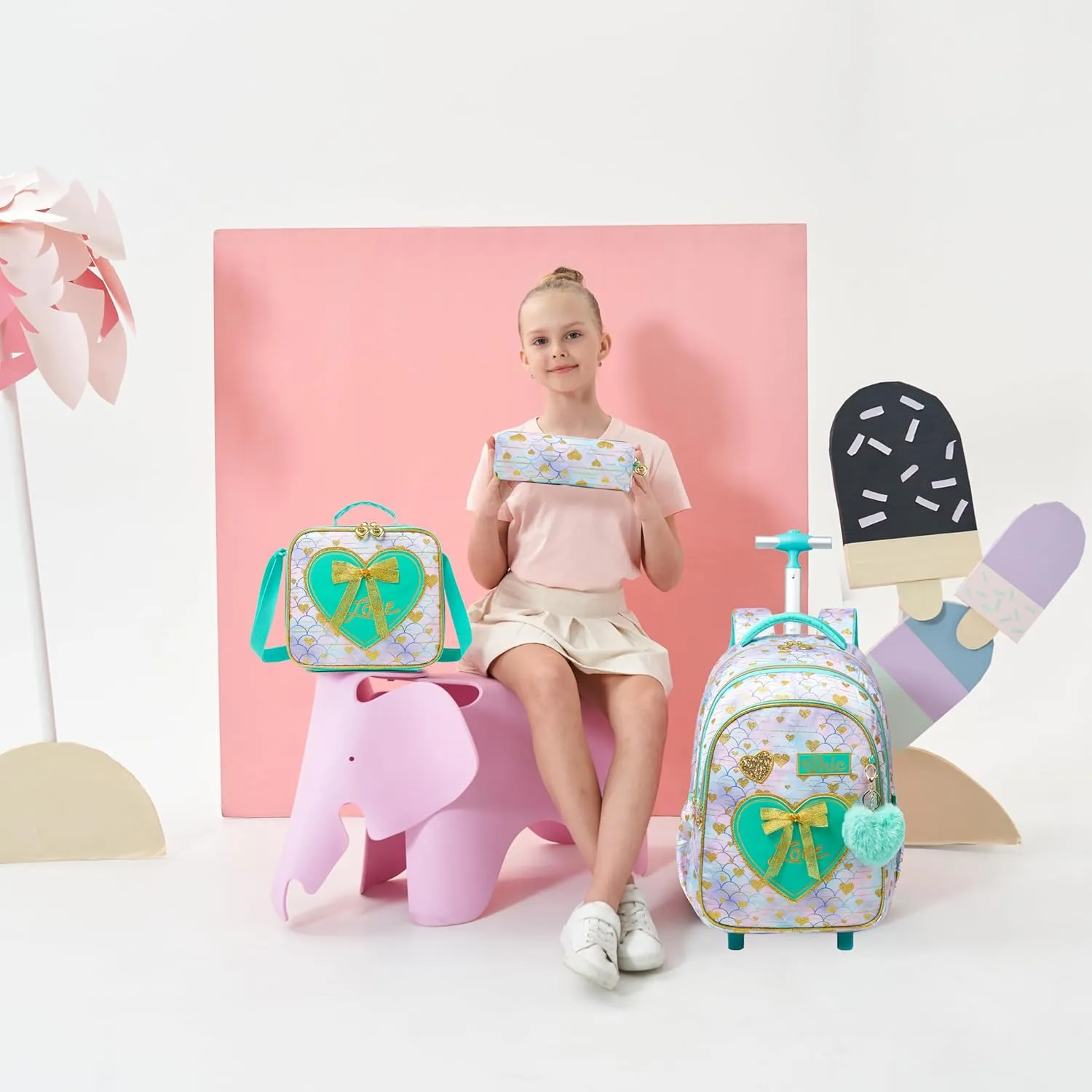 Rolling Backpack for Girls Backpack with Wheels Cute Wheeled School Backpack for Girls with Lunch Box Set Kids Suitcase for Girls Elementary Primary School 8-12 Back to School Supplies