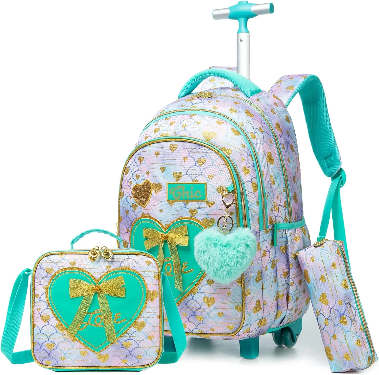 Rolling Backpack for Girls Backpack with Wheels Cute Wheeled School Backpack for Girls with Lunch Box Set Kids Suitcase for Girls Elementary Primary School 8-12 Back to School Supplies