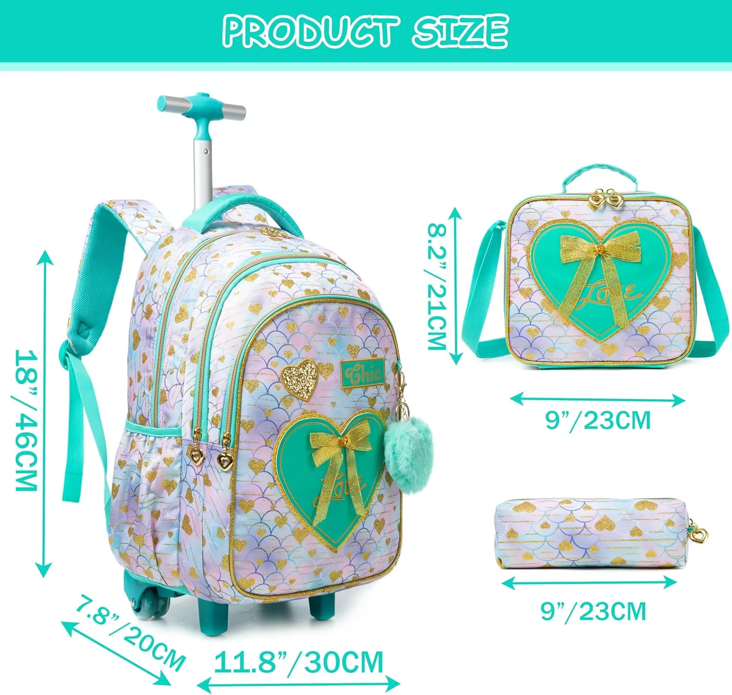 Rolling Backpack for Girls Backpack with Wheels Cute Wheeled School Backpack for Girls with Lunch Box Set Kids Suitcase for Girls Elementary Primary School 8-12 Back to School Supplies