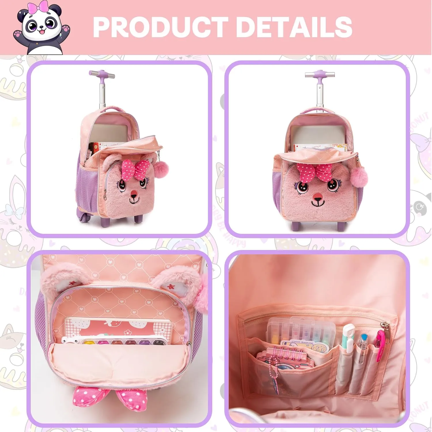 Rolling Backpack for Girls Backpack with Wheels for Kids Rolling Backpack for School Girls Backpack with Lunch Box Back to School Bookbag for Girls