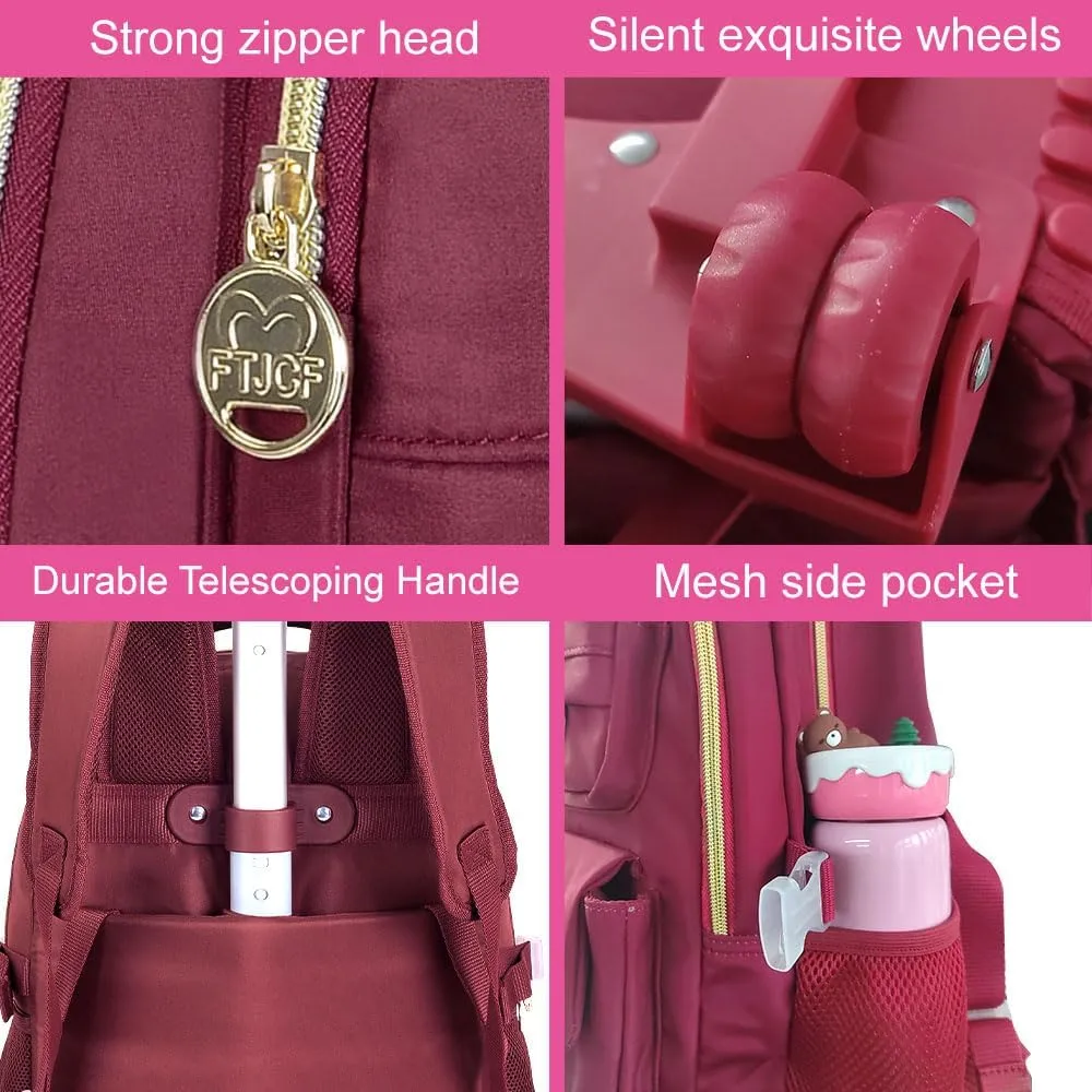 Rolling Backpack for Girls Women, 21 inch Roller Wheels Backpacks for School, Water Resistant Wheeled Bookbag with Lunch Box - Red