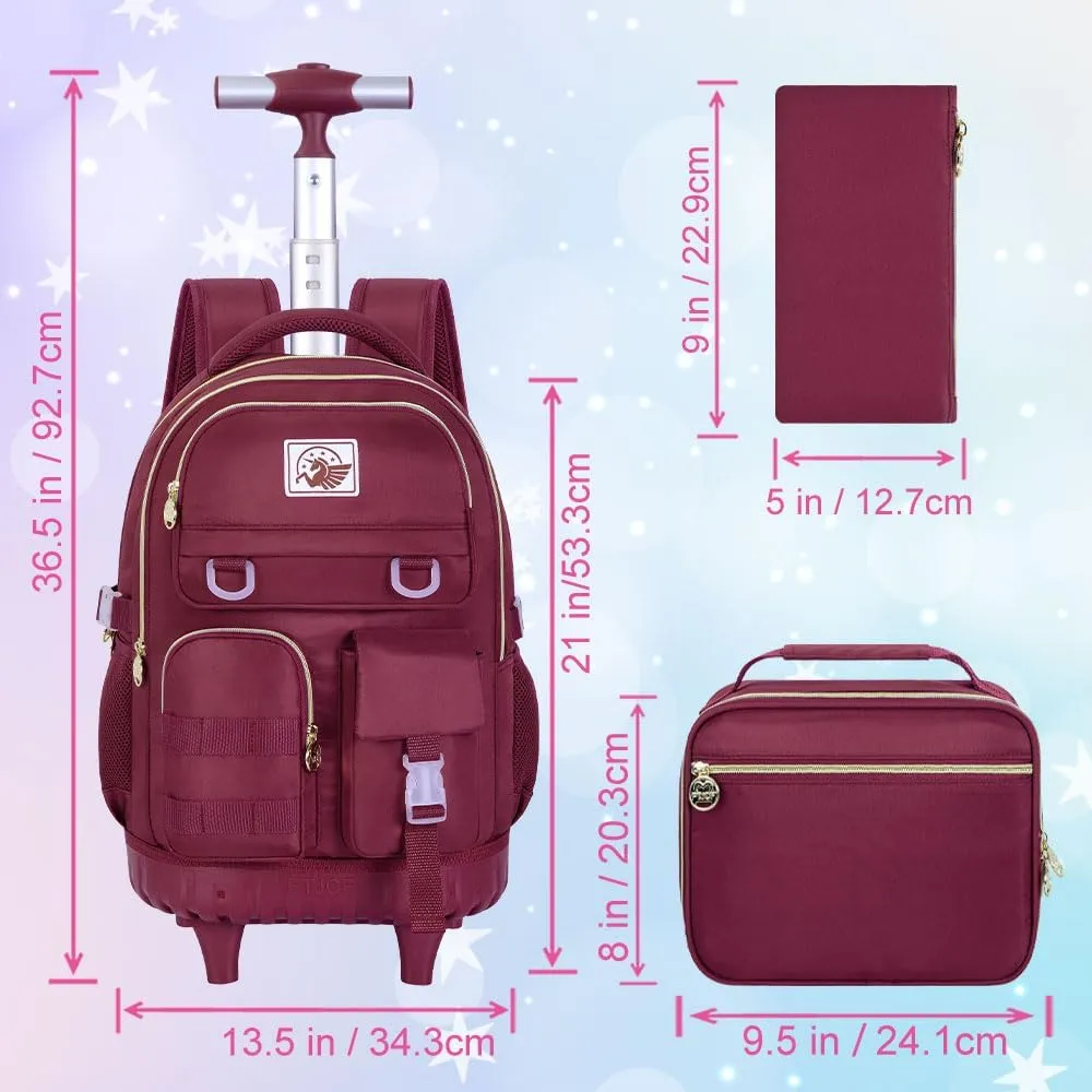 Rolling Backpack for Girls Women, 21 inch Roller Wheels Backpacks for School, Water Resistant Wheeled Bookbag with Lunch Box - Red
