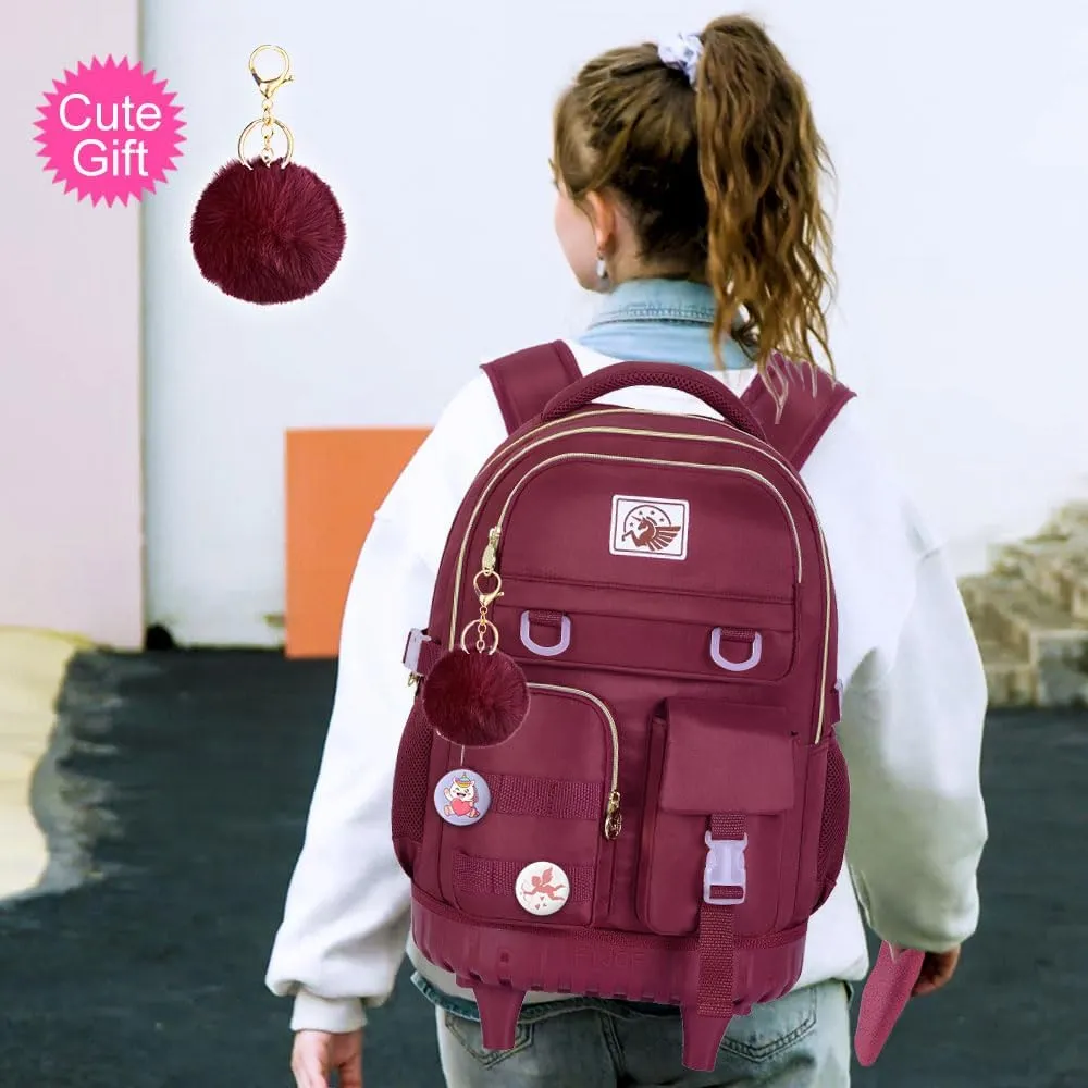 Rolling Backpack for Girls Women, 21 inch Roller Wheels Backpacks for School, Water Resistant Wheeled Bookbag with Lunch Box - Red