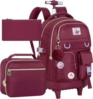 Rolling Backpack for Girls Women, 21 inch Roller Wheels Backpacks for School, Water Resistant Wheeled Bookbag with Lunch Box - Red