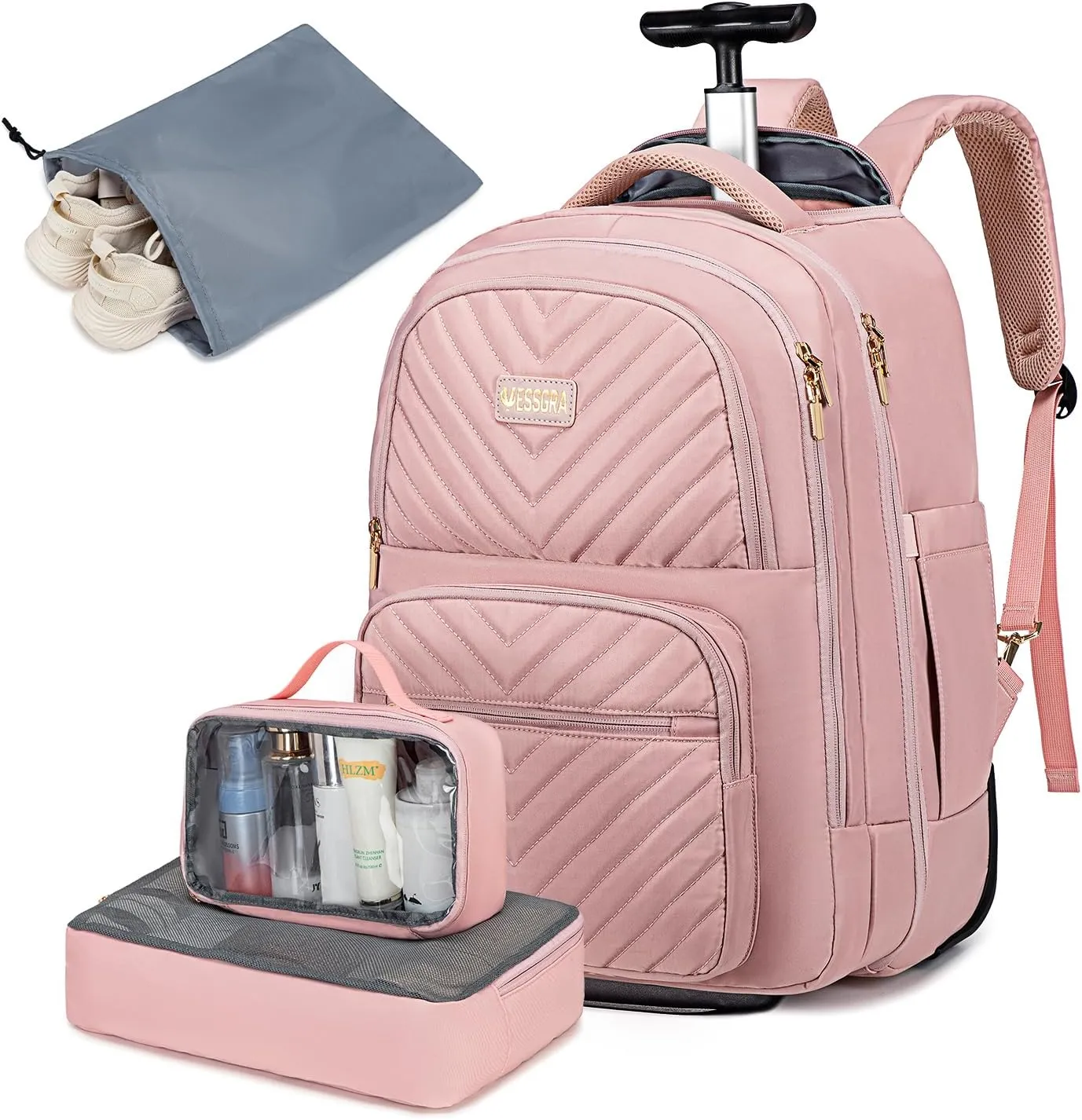 Rolling Backpack for Women Adults with wheels, 17.3 Inch Laptop Backpack Bag with Wheels for Travel Work Business (1Pc Backpack with 3 Packing Cubes)