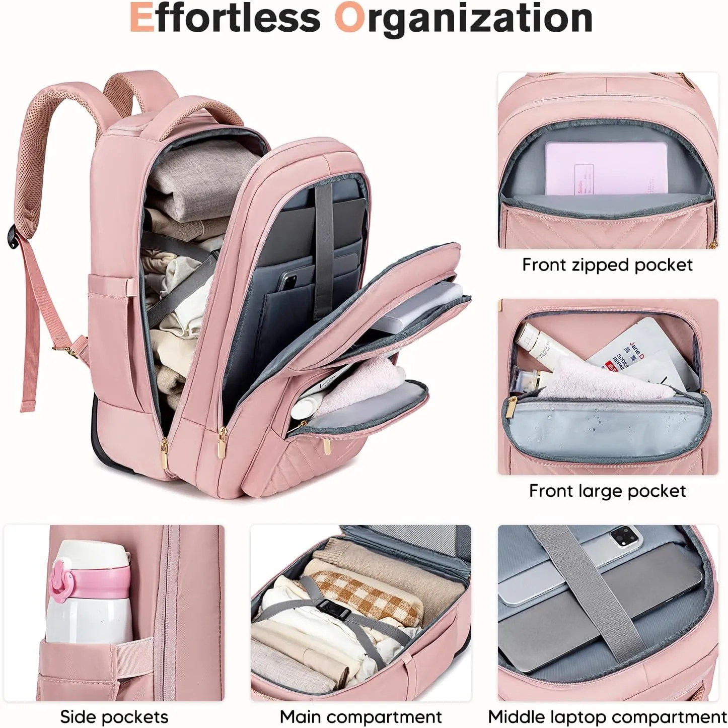 Rolling Backpack for Women Adults with wheels, 17.3 Inch Laptop Backpack Bag with Wheels for Travel Work Business (1Pc Backpack with 3 Packing Cubes)