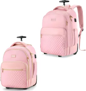 Rolling Backpack for Women, Travel Backpack with Wheels, Carry On Luggage, Roller Laptop Bag, Pink