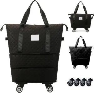 Rolling Duffel Bag with Wheels, Expandable Oxford Cloth Duffle Bag, Dry and Wet Separation Rolling Bag, Foldable Rolling Luggage Bag, Travel Duffle Bag, Weekend Bag for Travel (Black)