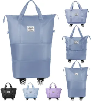 Rolling Duffle Bag with Wheels and Handle, Expandable Travel Duffel Bag, Foldable Roller Bag, Carry on Rolling Tote Bag, Detachable Wheeled Duffle, Garment Bag, Luggage Bag, Weekend Bag, Blue
