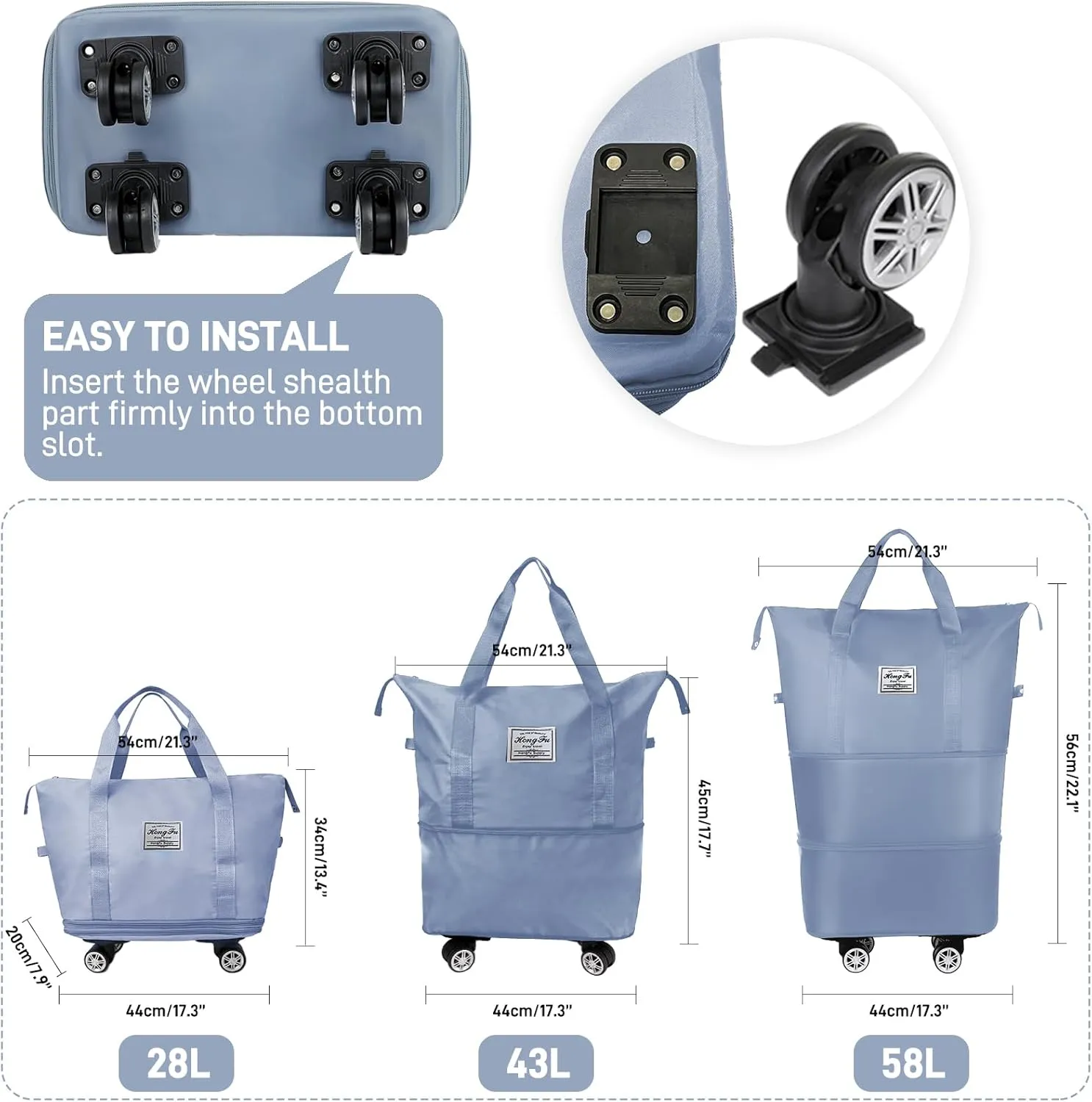 Rolling Duffle Bag with Wheels and Handle, Expandable Travel Duffel Bag, Foldable Roller Bag, Carry on Rolling Tote Bag, Detachable Wheeled Duffle, Garment Bag, Luggage Bag, Weekend Bag, Blue