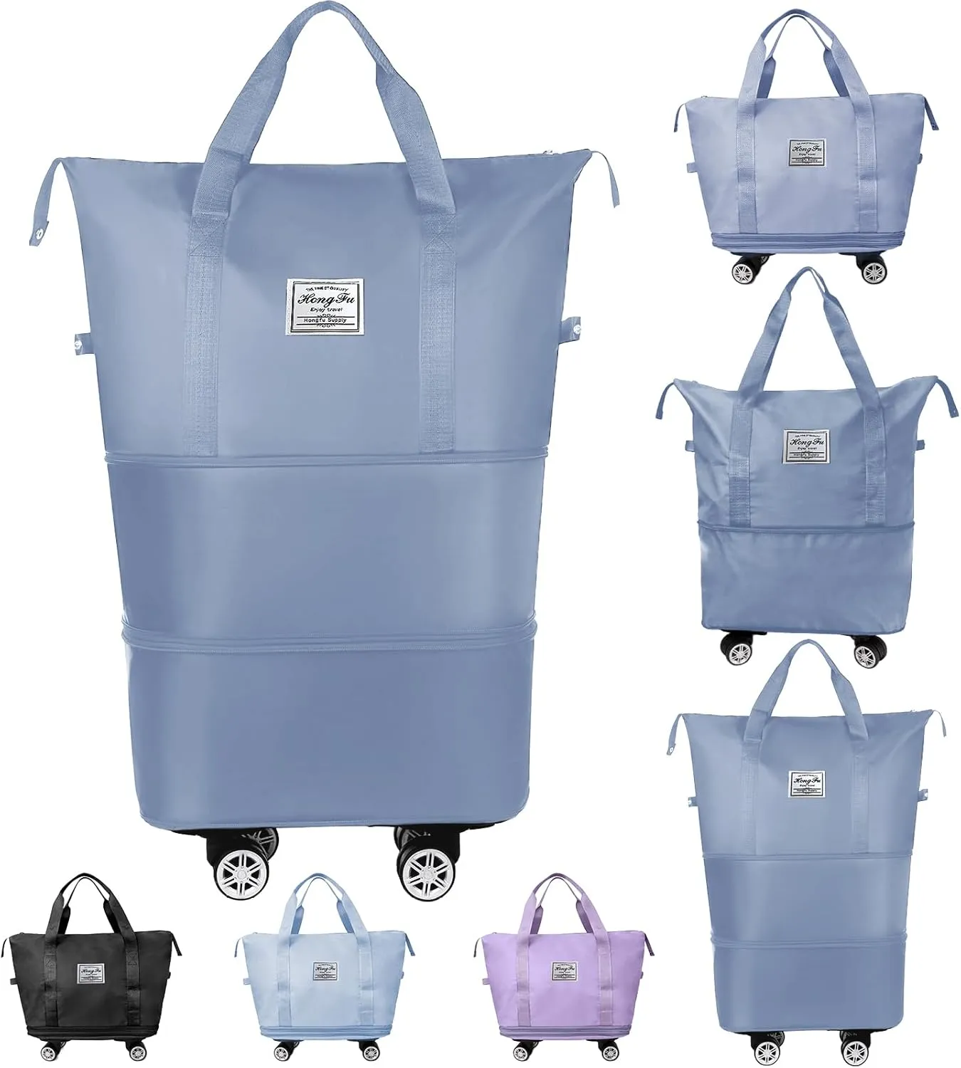 Rolling Duffle Bag with Wheels and Handle, Expandable Travel Duffel Bag, Foldable Roller Bag, Carry on Rolling Tote Bag, Detachable Wheeled Duffle, Garment Bag, Luggage Bag, Weekend Bag, Blue