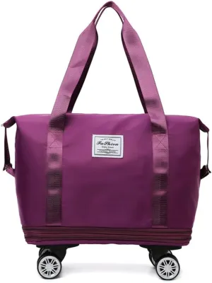 Rolling Duffle Bag with Wheels and Handle Foldable Travel Bag Expandable Carry on Bag with Detachable Casters Wheeled Weekender Bag for Women & Men - Dark Purple