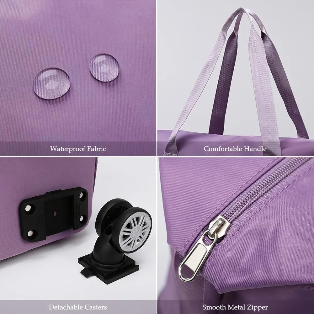 Rolling Duffle Bag with Wheels and Handle Foldable Travel Bag Expandable Carry on Bag with Detachable Casters Wheeled Weekender Bag for Women & Men - Dark Purple