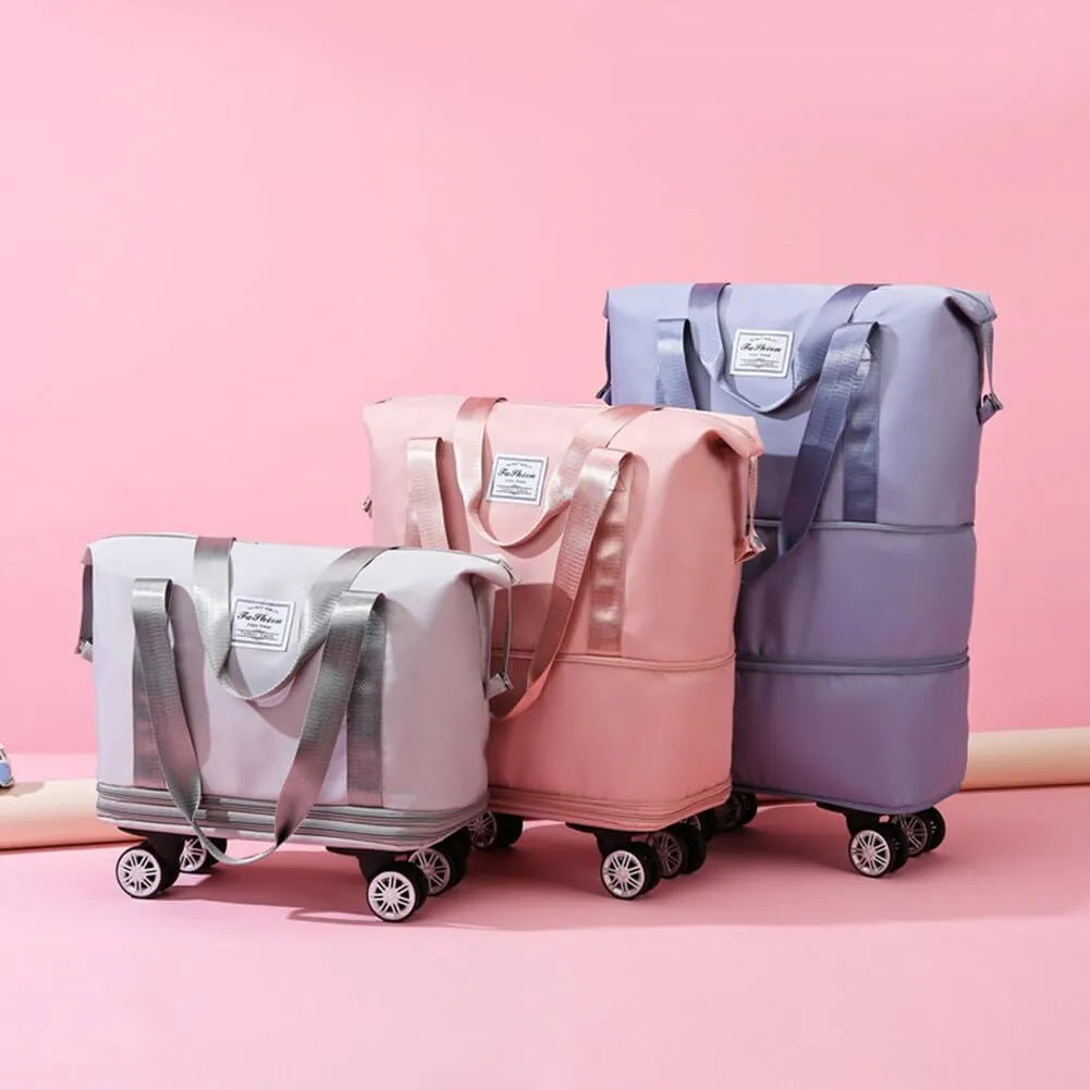 Rolling Duffle Bag with Wheels and Handle Foldable Travel Bag Expandable Carry on Bag with Detachable Casters Wheeled Weekender Bag for Women & Men - Pink