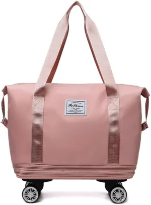 Rolling Duffle Bag with Wheels and Handle Foldable Travel Bag Expandable Carry on Bag with Detachable Casters Wheeled Weekender Bag for Women & Men - Pink