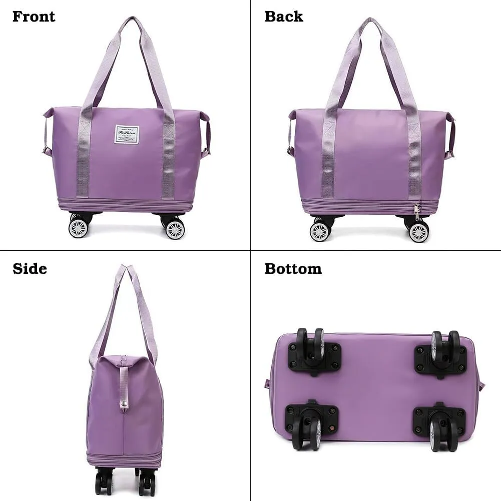 Rolling Duffle Bag with Wheels and Handle Foldable Travel Bag Expandable Carry on Bag with Detachable Casters Wheeled Weekender Bag for Women & Men - Pink