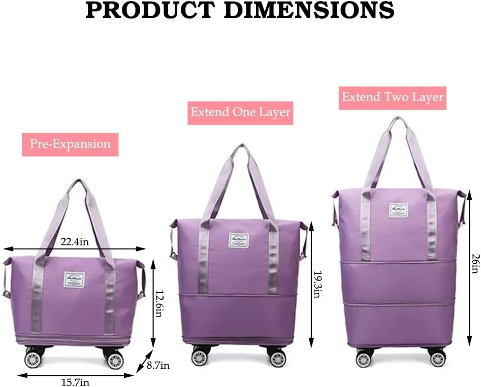 Rolling Duffle Bag with Wheels and Handle Foldable Travel Bag Expandable Carry on Bag with Detachable Casters Wheeled Weekender Bag for Women & Men - Pink