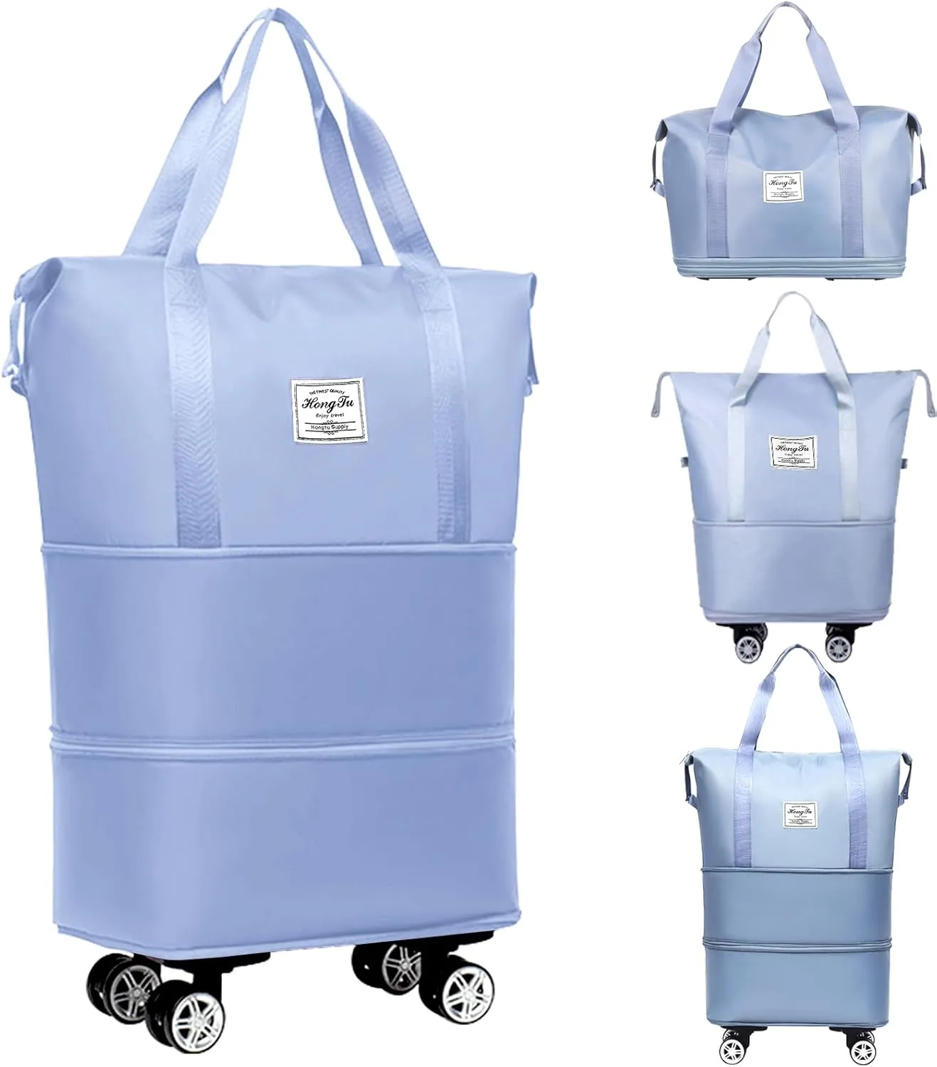 Rolling Duffle Bag with Wheels and Handle for Travel - Expandable, Foldable, Large Weekend Bag (Blue)