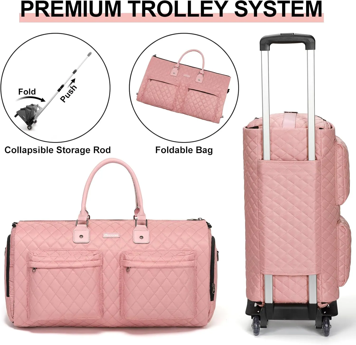 Rolling Garment Bag for Travel,Womens Convertible Garment Bags with Wheels, Luggage Suit Travel Bags,3 in 1 Carry On Wheeled Duffel Bag,Pink