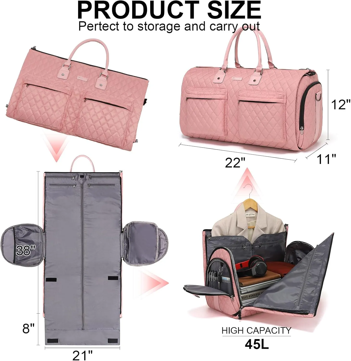 Rolling Garment Bag for Travel,Womens Convertible Garment Bags with Wheels, Luggage Suit Travel Bags,3 in 1 Carry On Wheeled Duffel Bag,Pink