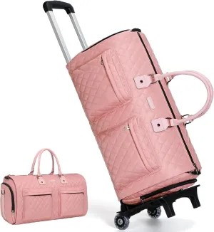 Rolling Garment Bag for Travel,Womens Convertible Garment Bags with Wheels, Luggage Suit Travel Bags,3 in 1 Carry On Wheeled Duffel Bag,Pink