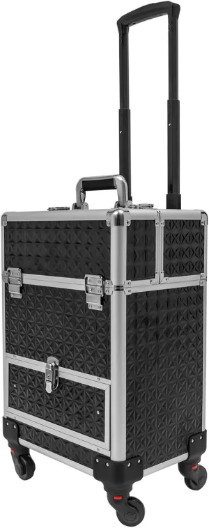 Rolling Makeup Train Case with Drawer, Professional Large Storage Cosmetic Trolley, Portable Makeup Trolley Case with Lock and Key for Hair Stylists, Pet Groomers, Artists (Black Silver Frame)