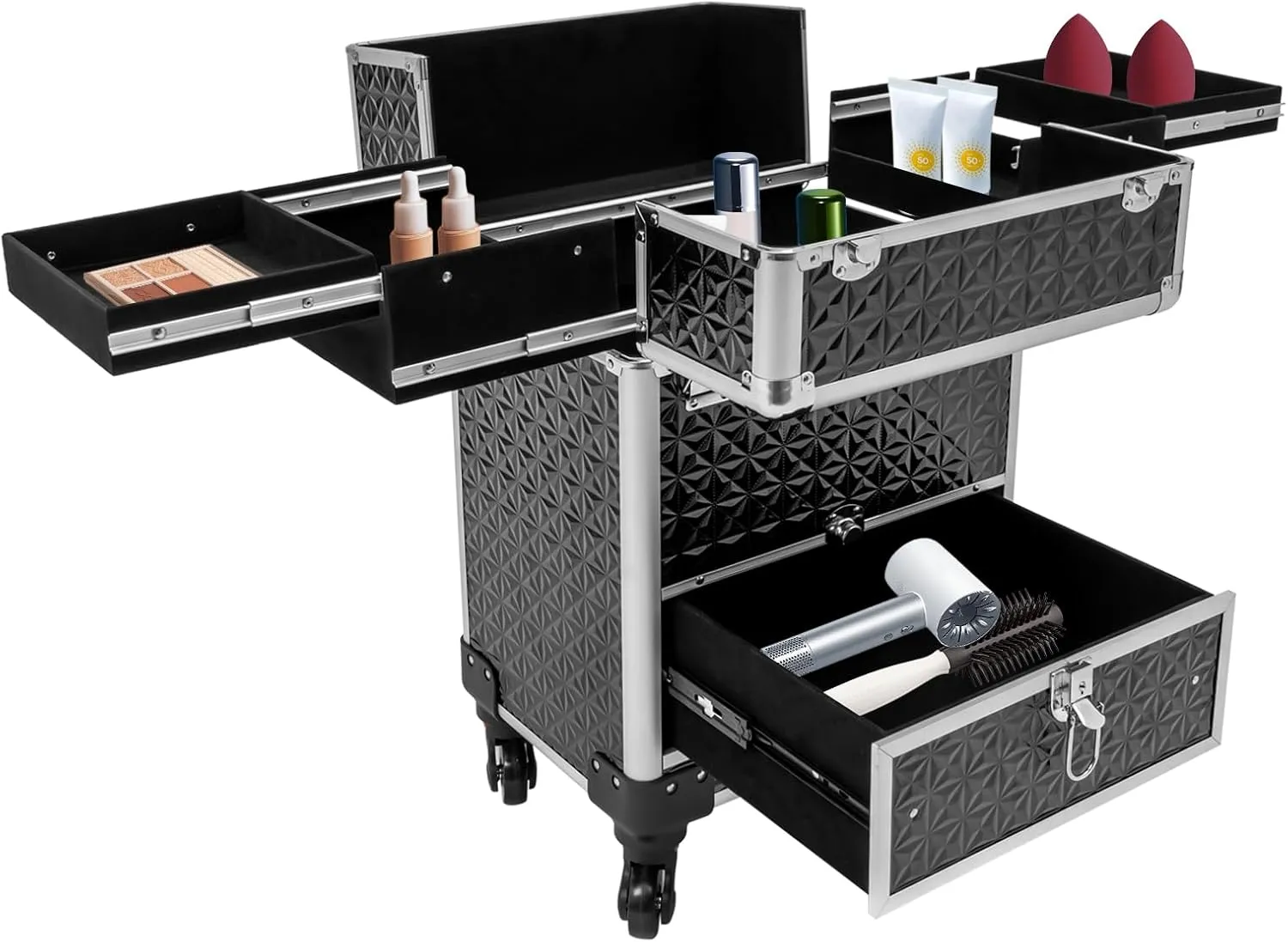 Rolling Makeup Train Case with Drawer, Professional Large Storage Cosmetic Trolley, Portable Makeup Trolley Case with Lock and Key for Hair Stylists, Pet Groomers, Artists (Black Silver Frame)