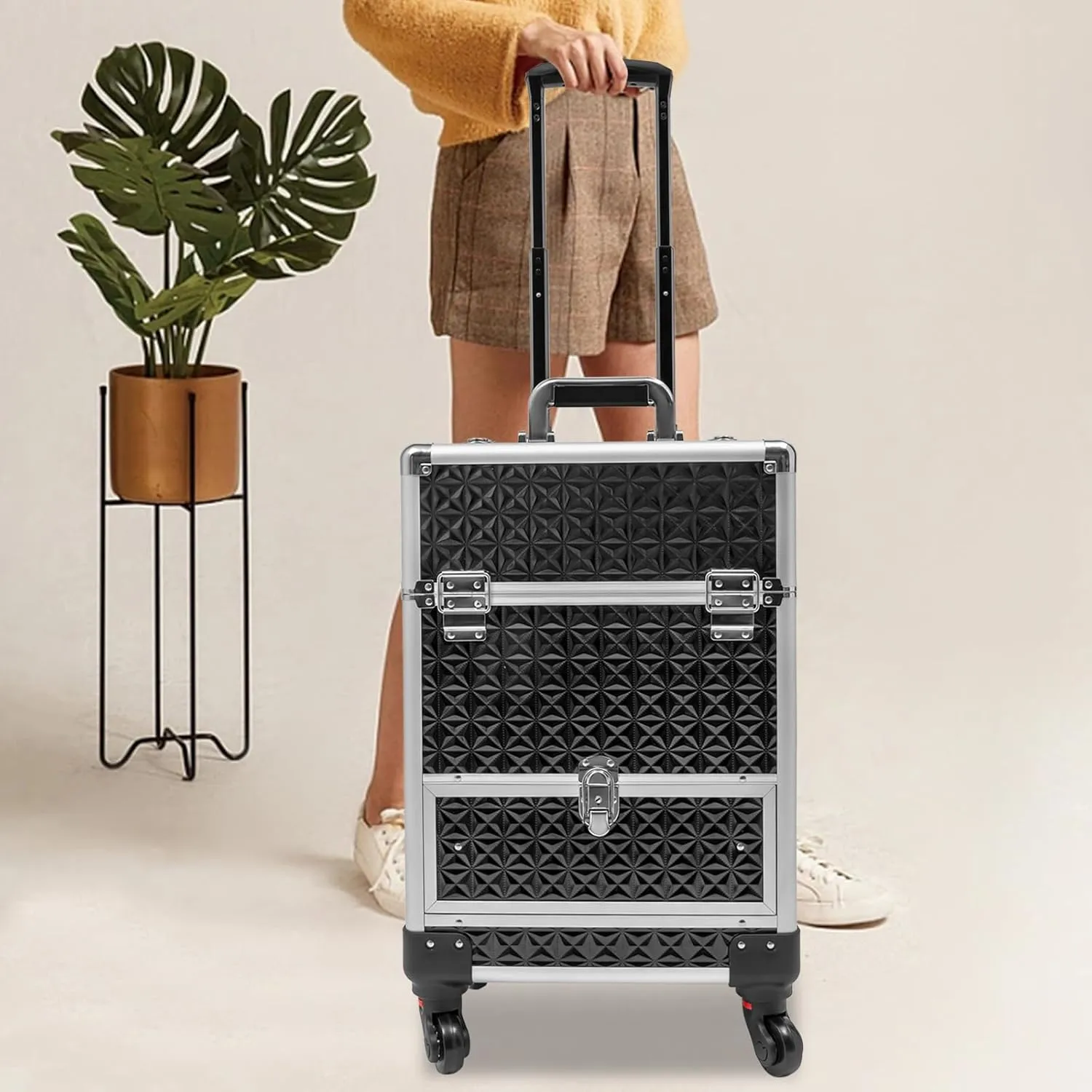 Rolling Makeup Train Case with Drawer, Professional Large Storage Cosmetic Trolley, Portable Makeup Trolley Case with Lock and Key for Hair Stylists, Pet Groomers, Artists (Black Silver Frame)