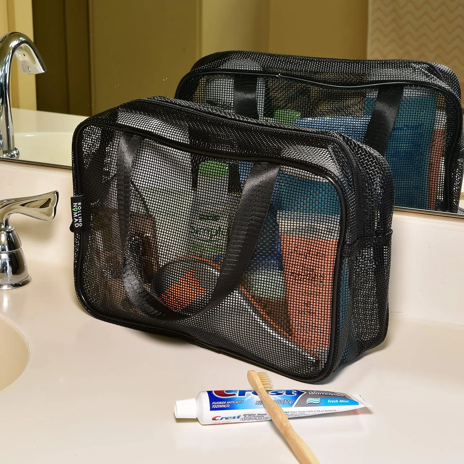 Rolling Nomad Mesh Shower Caddy with Zipper and Handle, Travel Bags, Hanging Toiletry, Cosmetics, Gym Kit, Makeup, Clear Accesory Organizer, Bulk