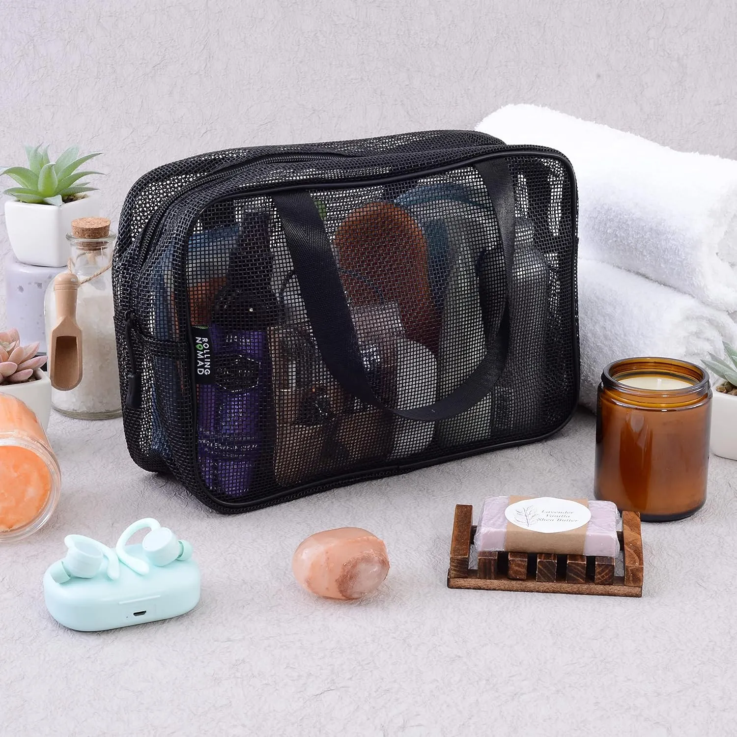 Rolling Nomad Mesh Shower Caddy with Zipper and Handle, Travel Bags, Hanging Toiletry, Cosmetics, Gym Kit, Makeup, Clear Accesory Organizer, Bulk