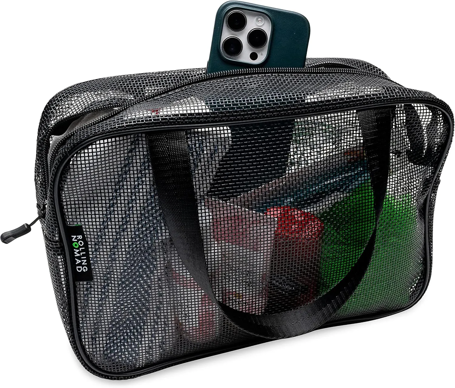 Rolling Nomad Mesh Shower Caddy with Zipper and Handle, Travel Bags, Hanging Toiletry, Cosmetics, Gym Kit, Makeup, Clear Accesory Organizer, Bulk