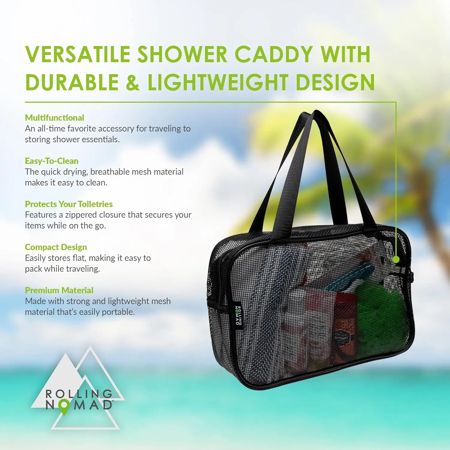 Rolling Nomad Mesh Shower Caddy with Zipper and Handle, Travel Bags, Hanging Toiletry, Cosmetics, Gym Kit, Makeup, Clear Accesory Organizer, Bulk