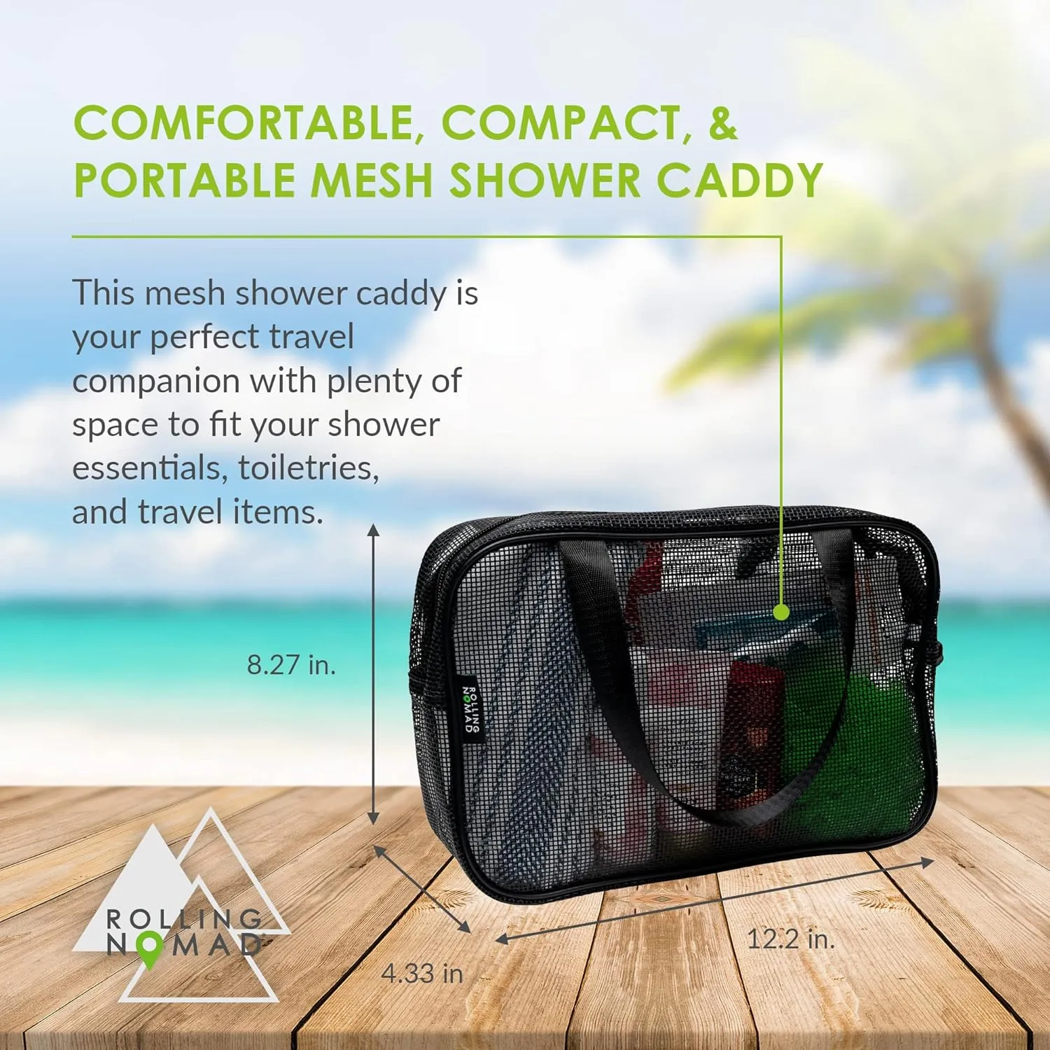 Rolling Nomad Mesh Shower Caddy with Zipper and Handle, Travel Bags, Hanging Toiletry, Cosmetics, Gym Kit, Makeup, Clear Accesory Organizer, Bulk