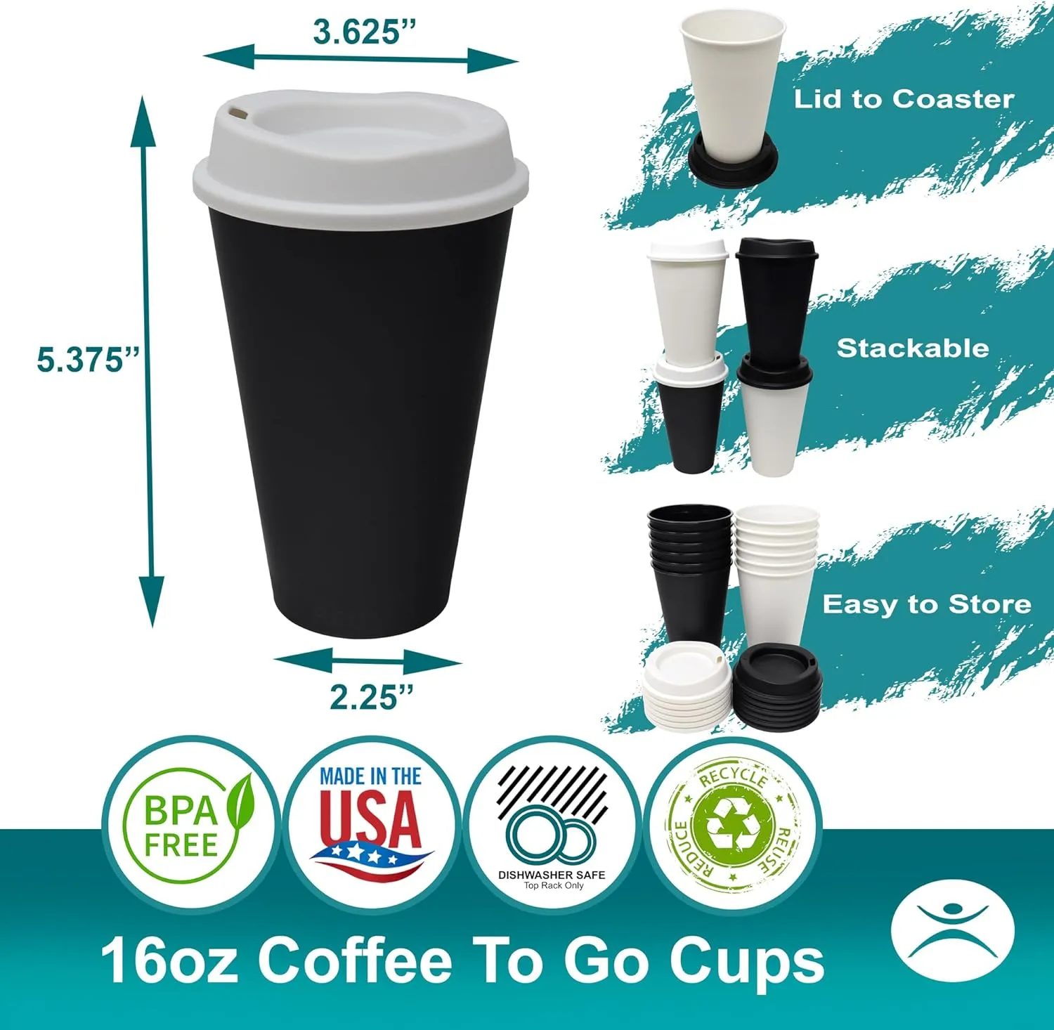 Rolling Sands USA Made 16 oz Reusable Coffee Cups with Lids 6 Pk, To Go Travel Cups, Hot or Cold Drinks, Dishwasher and Microwave Safe, Black Cups, White Lids