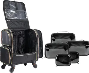 Rolling Train Case, Professional Makeup Case, Make Up Storage Travel Cosmetic Organizer for Makeup Artist, Hairstylist, with 5 Toiletry Bags, Black