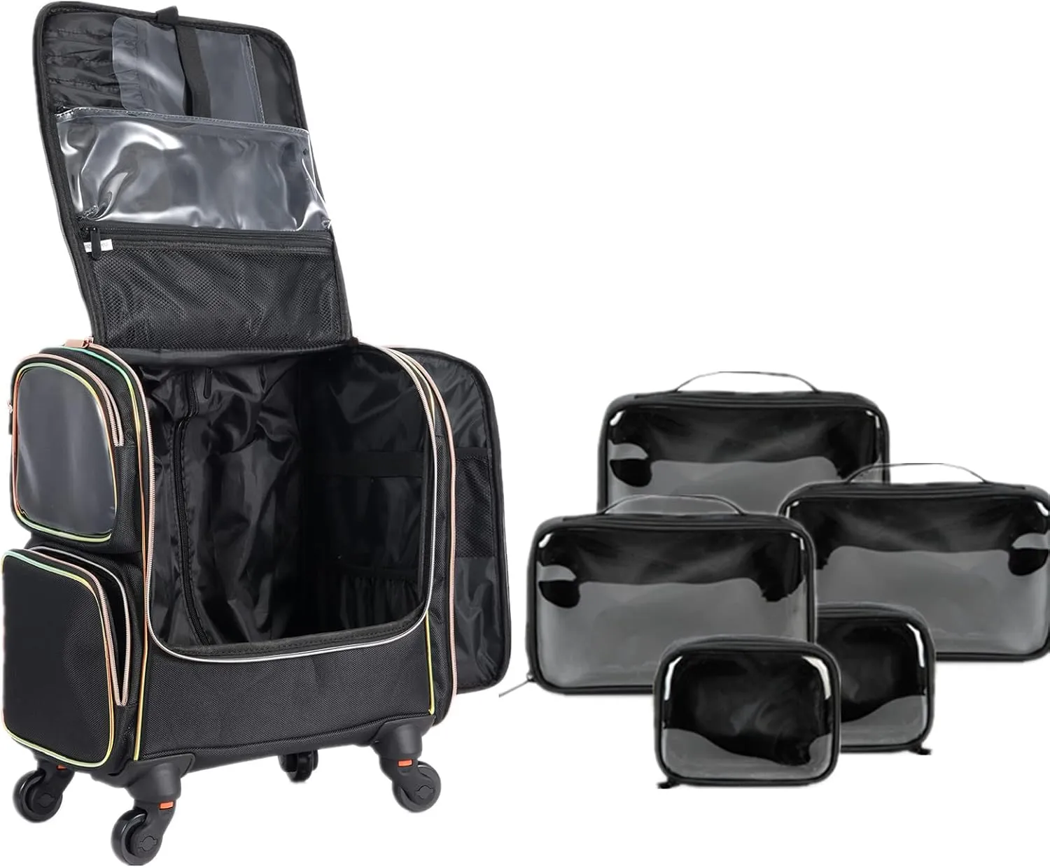 Rolling Train Case, Professional Makeup Case, Make Up Storage Travel Cosmetic Organizer for Makeup Artist, Hairstylist, with 5 Toiletry Bags, Black