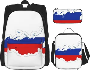 Russian Flag Map Print Travel Backpack Set,Stylish 600d Oxford Fabric,Insulated Lunch Bag,And Cosmetic Pouch