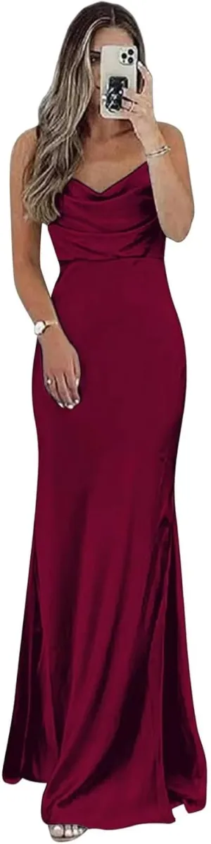 Satin Bridesmaid Dress for Women Spaghetti Straps Slit Prom Dress Formal