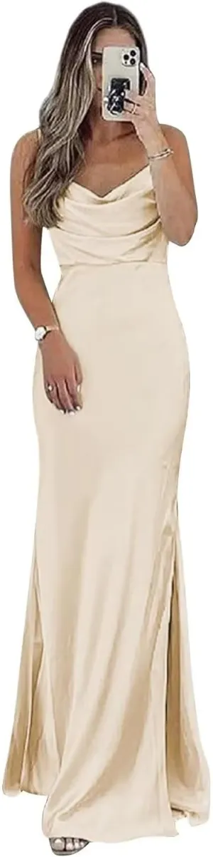 Satin Bridesmaid Dress for Women Spaghetti Straps Slit Prom Dress Formal