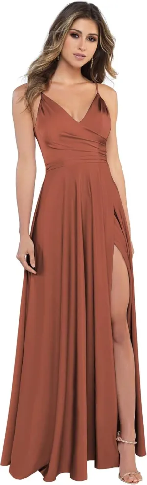 Satin Bridesmaid Dresses Long V Neck Spaghetti Strap Evening Formal Dress