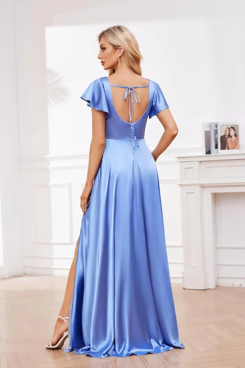 Satin Bridesmaid Dresses with Slit Square Neck Prom Dress Flutter Sleeve A Line Formal Evening Gowns for Women