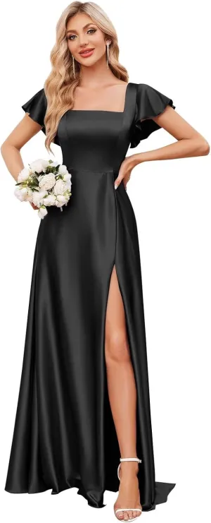 Satin Bridesmaid Dresses with Slit Square Neck Prom Dress Flutter Sleeve A Line Formal Evening Gowns for Women