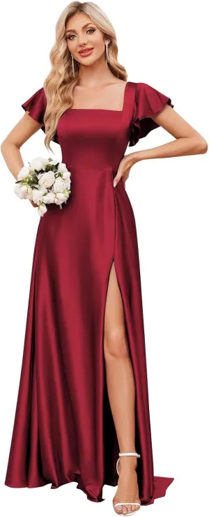 Satin Bridesmaid Dresses with Slit Square Neck Prom Dress Flutter Sleeve A Line Formal Evening Gowns for Women