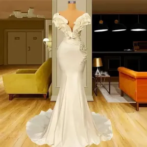 Satin Flower Deep V-Neck Evening Dresses Female Elegant Milky White Sleeveless Wedding Party Gowns Mermaid Pearl Bride Dress