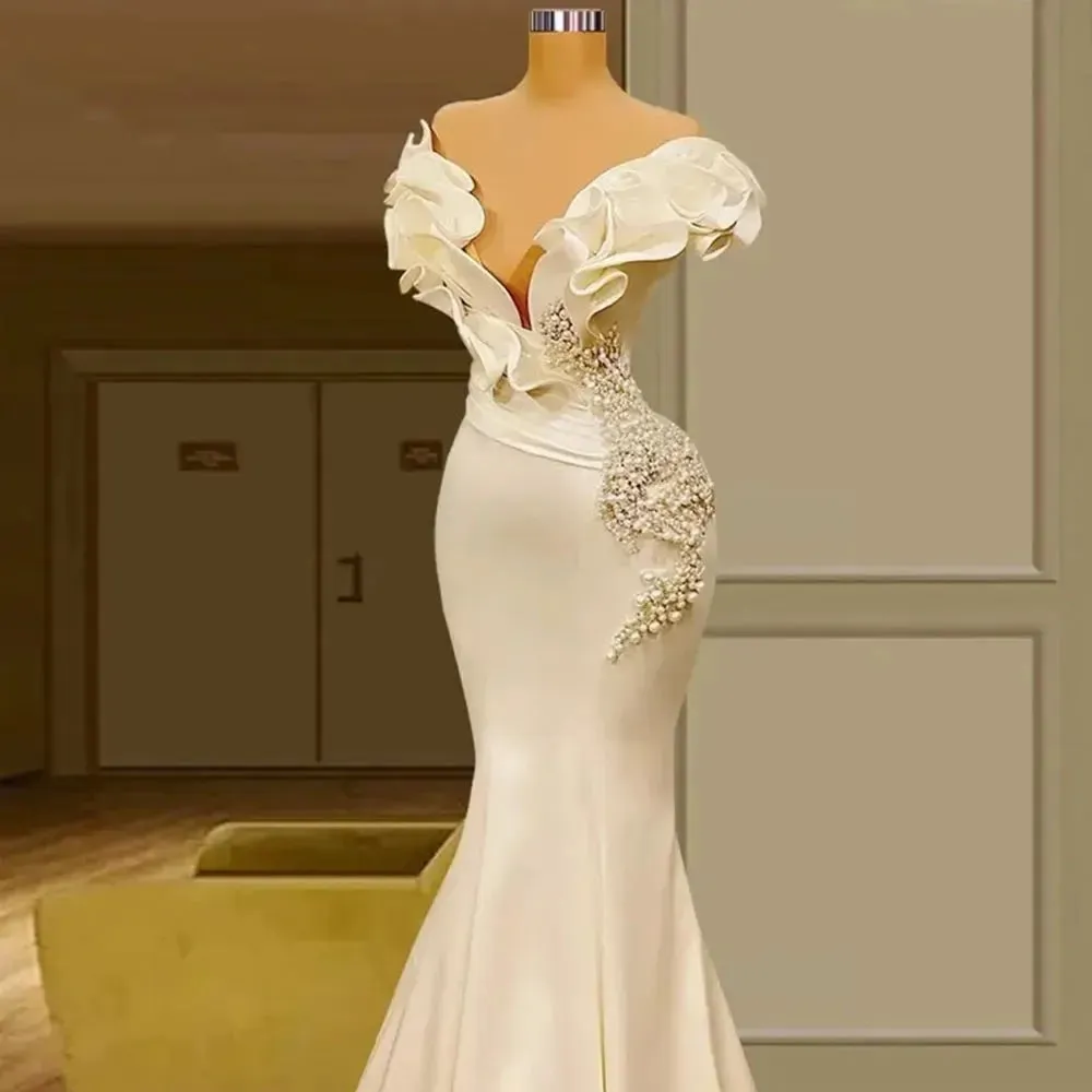 Satin Flower Deep V-Neck Evening Dresses Female Elegant Milky White Sleeveless Wedding Party Gowns Mermaid Pearl Bride Dress