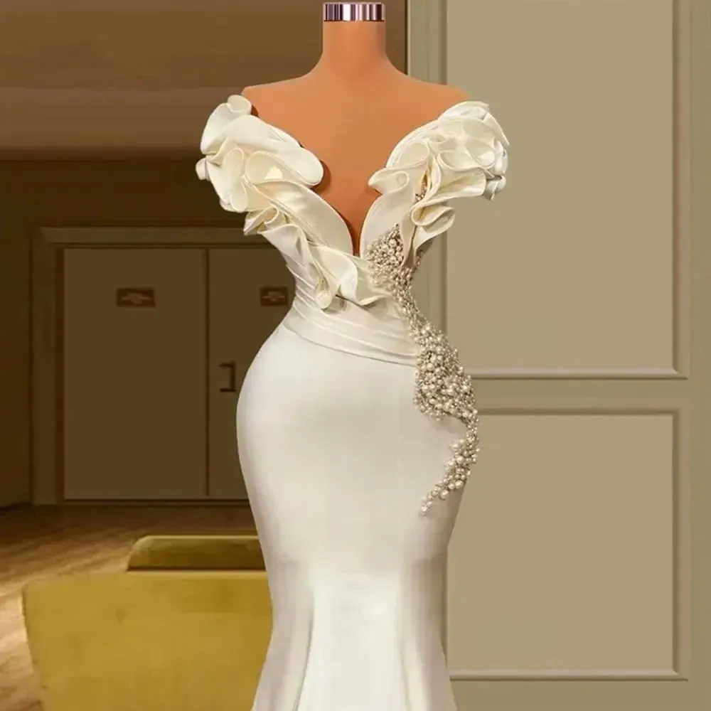 Satin Flower Deep V-Neck Evening Dresses Female Elegant Milky White Sleeveless Wedding Party Gowns Mermaid Pearl Bride Dress