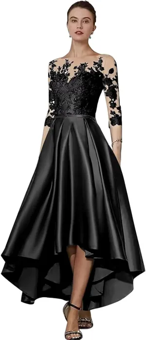Satin Lace Tea Length Mother of The Bride Dresses for Wedding High Low Lace Appliques Prom Evening Formal Gown
