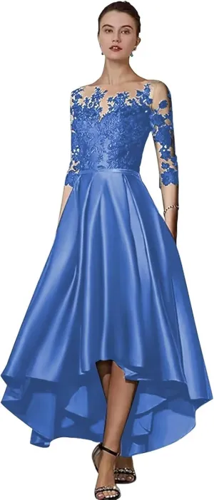 Satin Lace Tea Length Mother of The Bride Dresses for Wedding High Low Lace Appliques Prom Evening Formal Gown