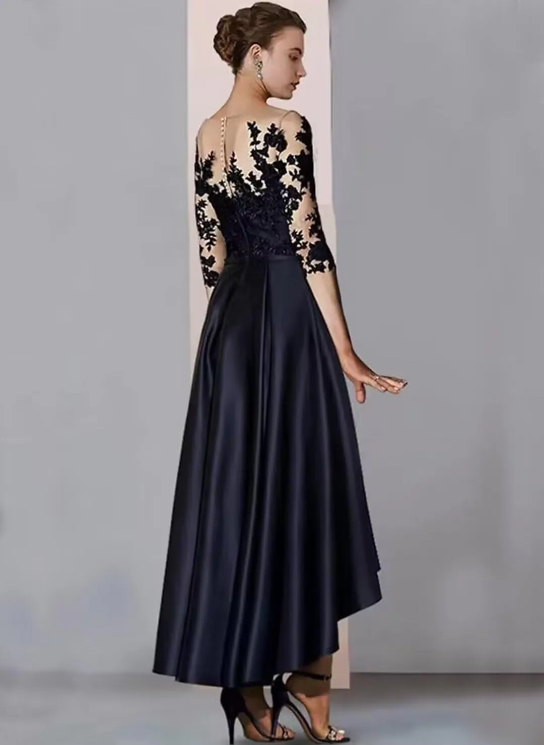 Satin Lace Tea Length Mother of The Bride Dresses for Wedding High Low Lace Appliques Prom Evening Formal Gown